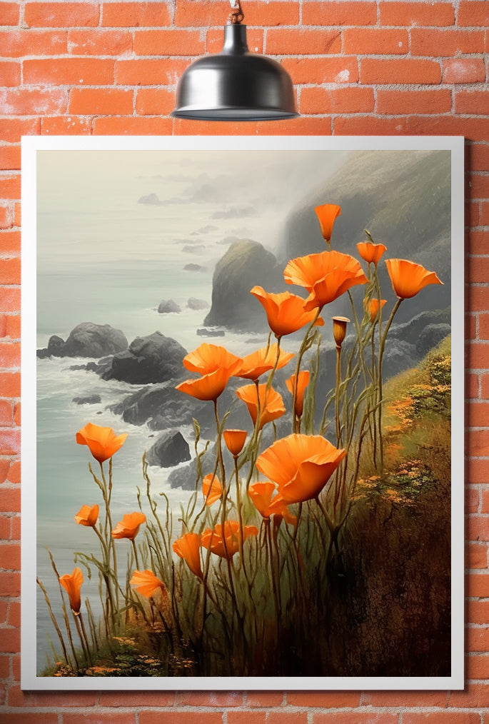 Poppie Flower On Hills and Ocean View Poster Wall Art South Africa