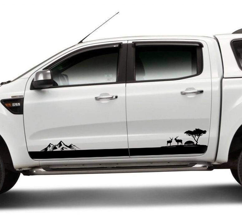 1 Set of 2 Vinyl Decal Sticker | Toyota Hilux | Ford Ranger Side Vinyl Decal | Kudu with tree and mountains landscape