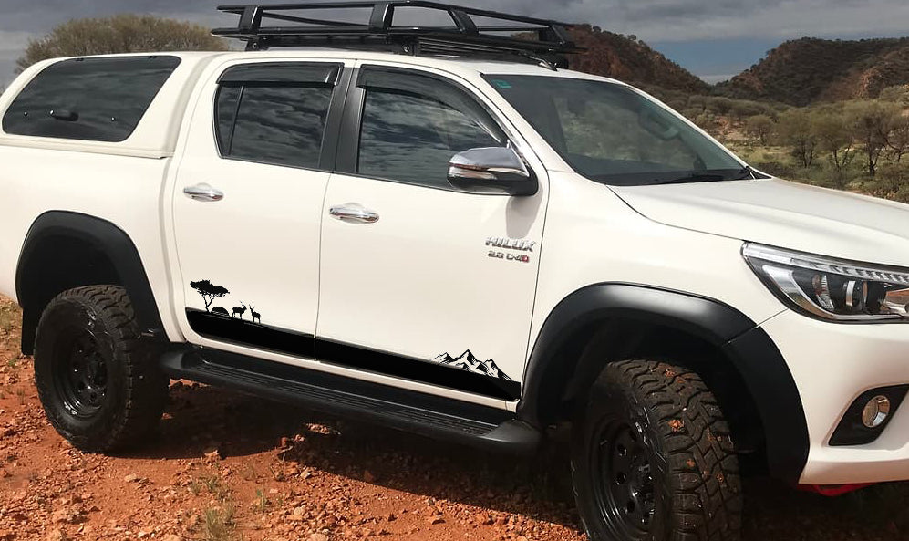 1 Set of 2 Vinyl Decal Sticker | Toyota Hilux | Ford Ranger Side Vinyl Decal | Kudu with tree and mountains landscape