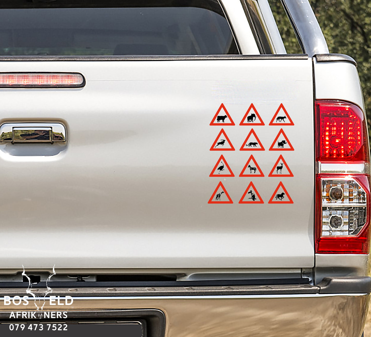 1 set of African Attention Road Signs of Elephant, Warthog, Leopard, Kudu, Ostrich etc