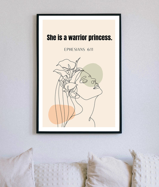 She Is a Warrior Princess Christian Quote, Scripture, Bible Verse Poster Wall Art
