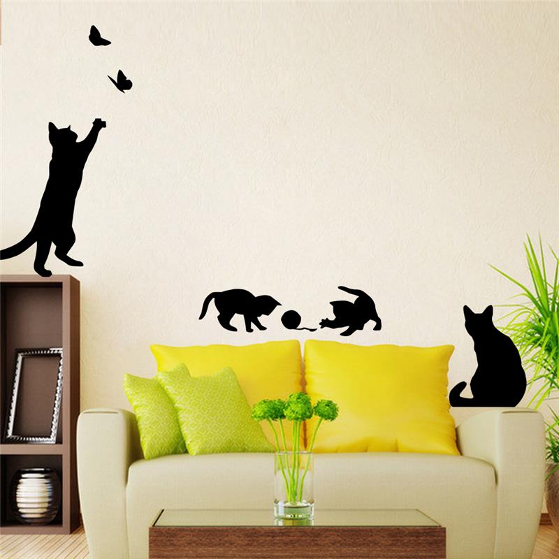 Cat play Wall Sticker Butterflies Stickers Decor Decals for Walls Vinyl Removable Decal/Wall Murals